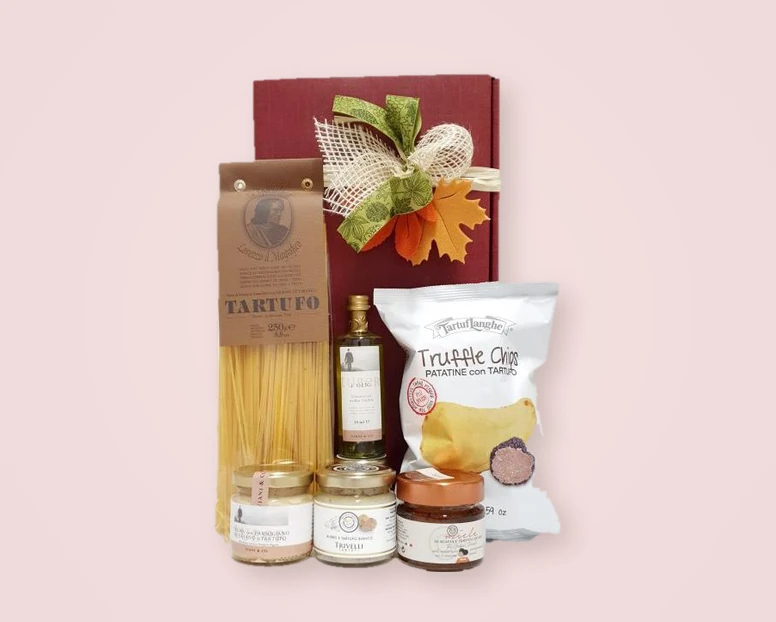 Präsent: Geschenk-Set mit Trüffelpasta, Trüffelöl, Trüffelchips und Trüffelcremes